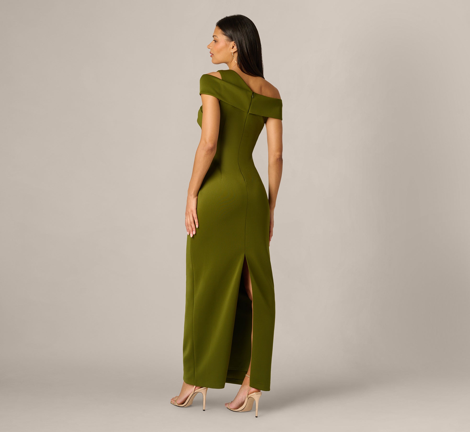 Asymmetrical Draped Column Gown In Jungle Olive