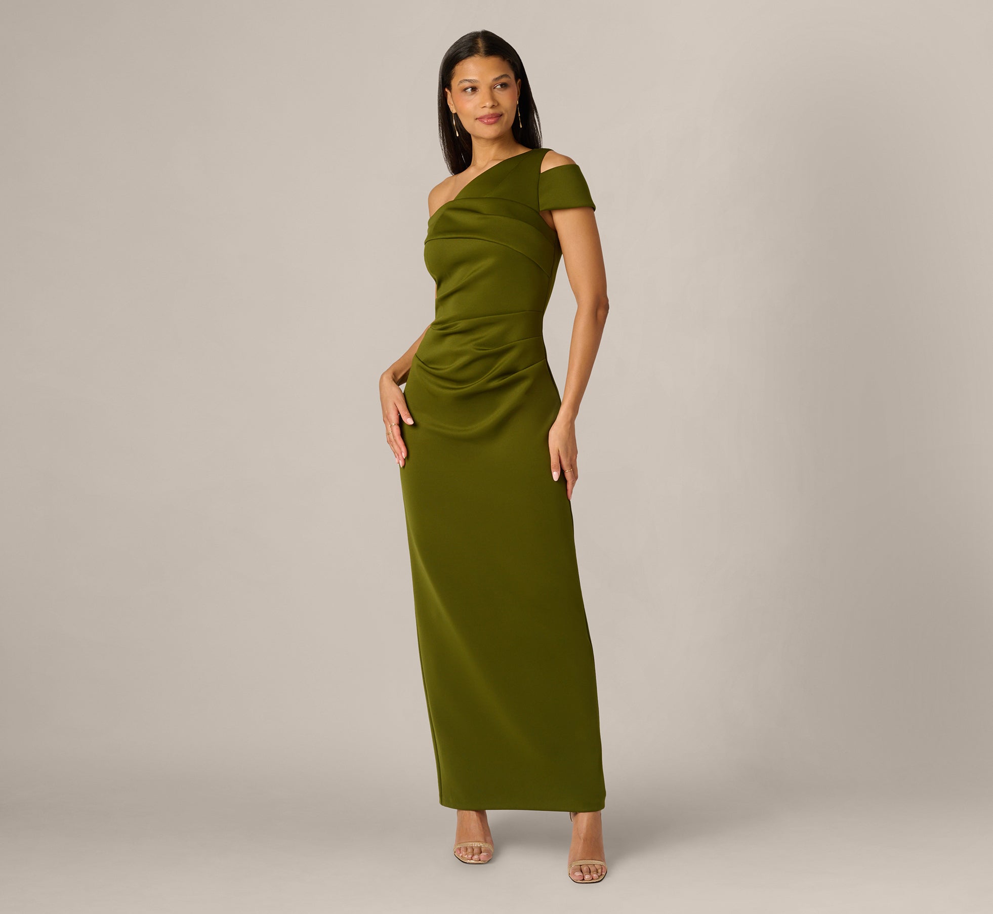 Asymmetrical Draped Column Gown In Jungle Olive
