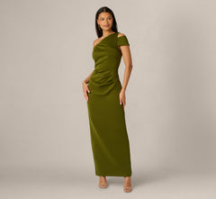Asymmetrical Draped Column Gown In Jungle Olive