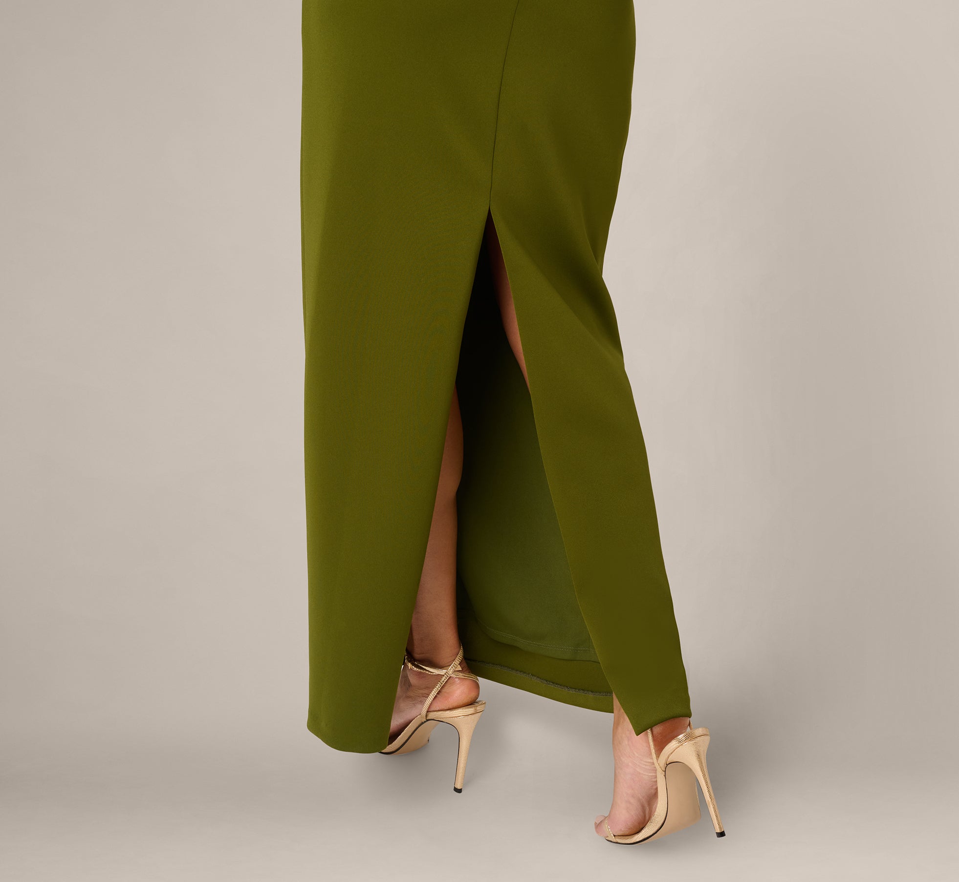 Asymmetrical Draped Column Gown In Jungle Olive