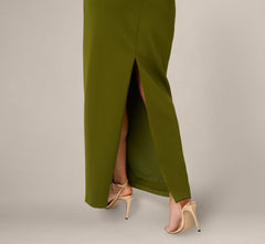 Asymmetrical Draped Column Gown In Jungle Olive