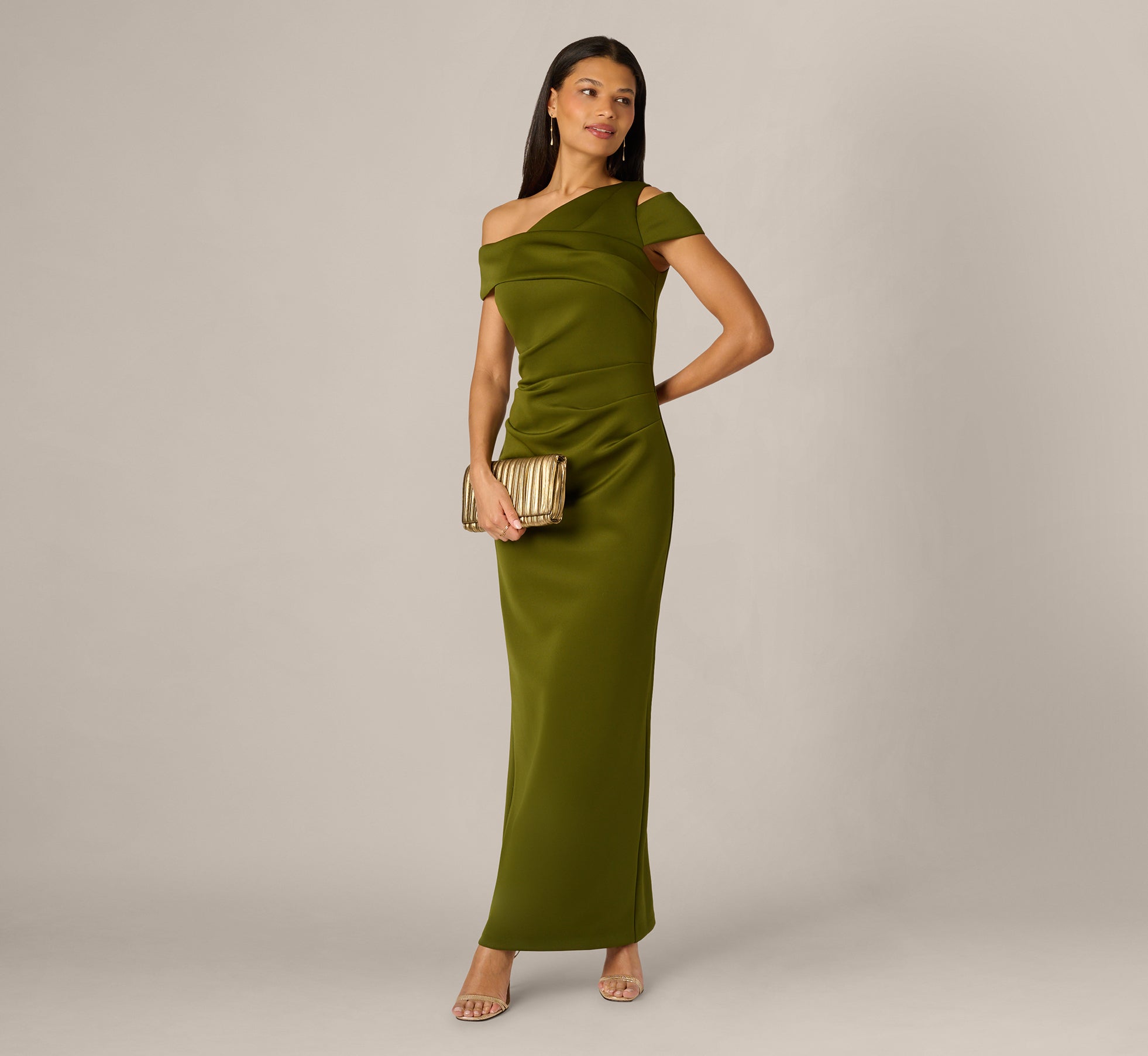 Asymmetrical Draped Column Gown In Jungle Olive