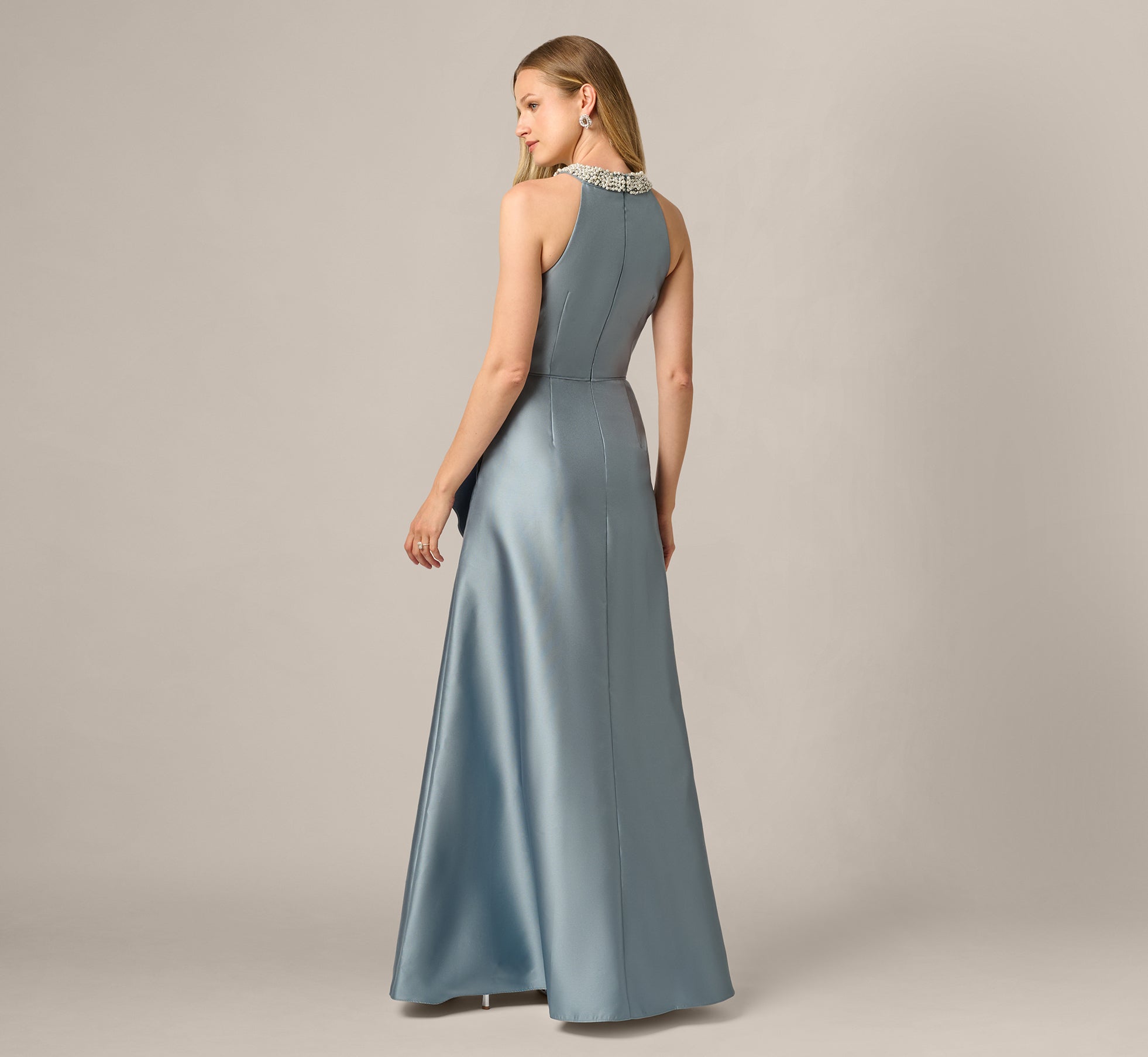 Beaded Halter Draped Mikado Gown In Icy Opaline