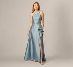 Beaded Halter Draped Mikado Gown In Icy Opaline