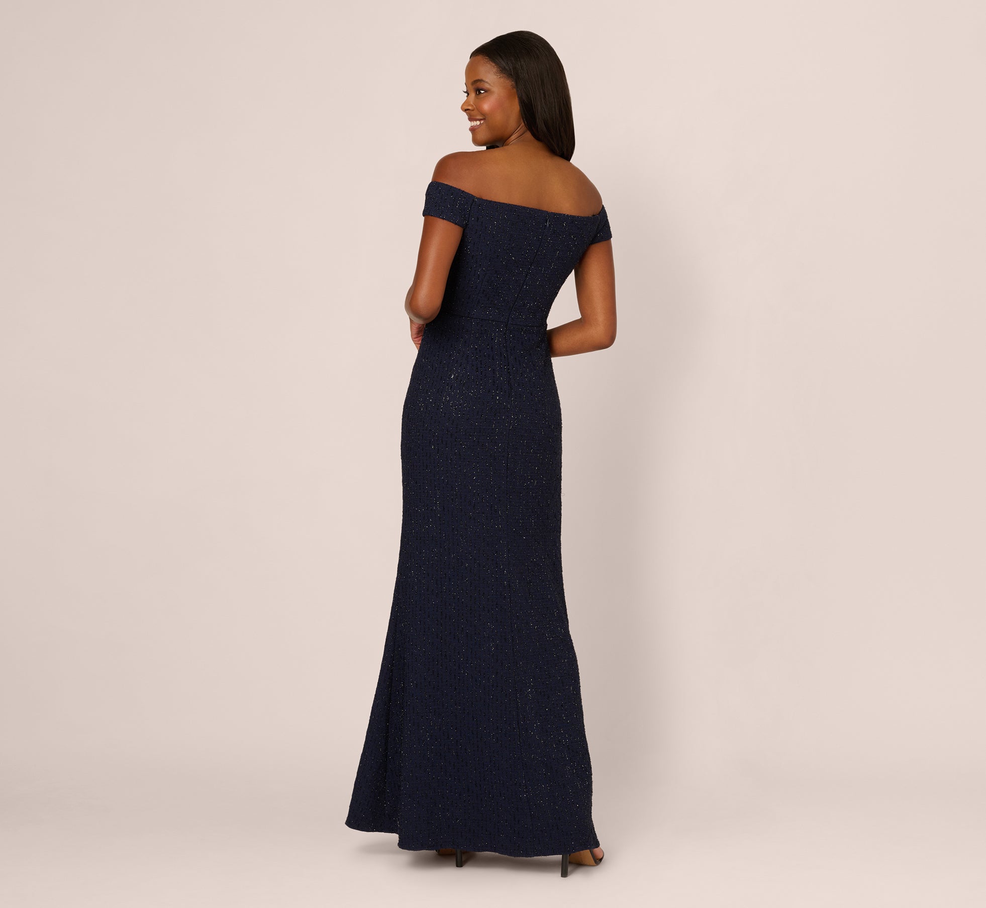 Beaded Off Shoulder Glitter Tweed Gown In Navy