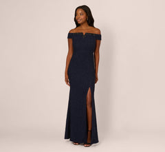 Beaded Off Shoulder Glitter Tweed Gown In Navy
