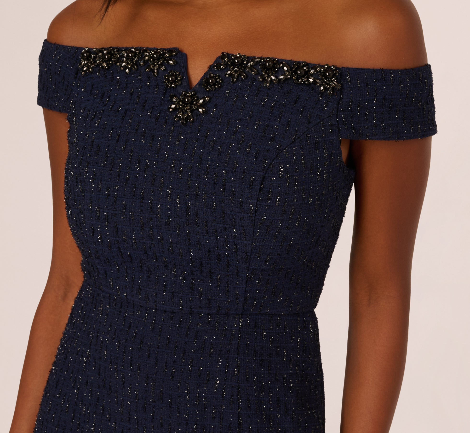 Beaded Off Shoulder Glitter Tweed Gown In Navy