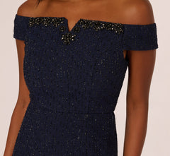 Beaded Off Shoulder Glitter Tweed Gown In Navy