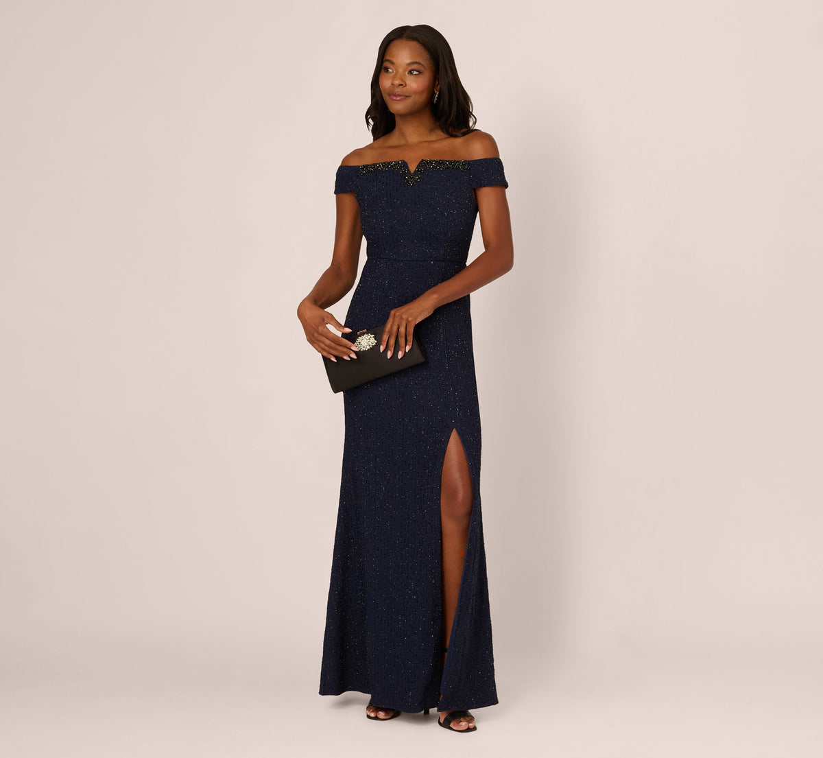 Beaded Off Shoulder Glitter Tweed Gown In Navy