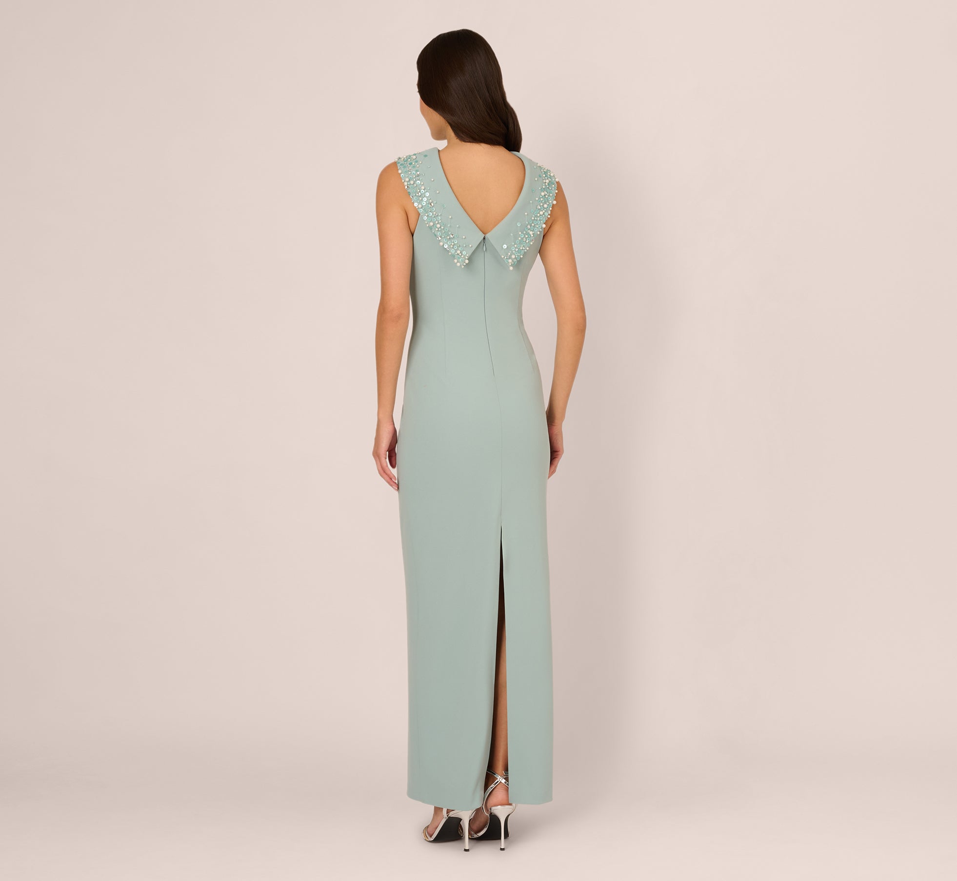 Beaded Roll Neck Column Gown In Aqua Dust