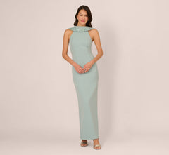 Beaded Roll Neck Column Gown In Aqua Dust