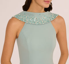 Beaded Roll Neck Column Gown In Aqua Dust