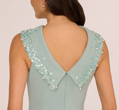 Beaded Roll Neck Column Gown In Aqua Dust
