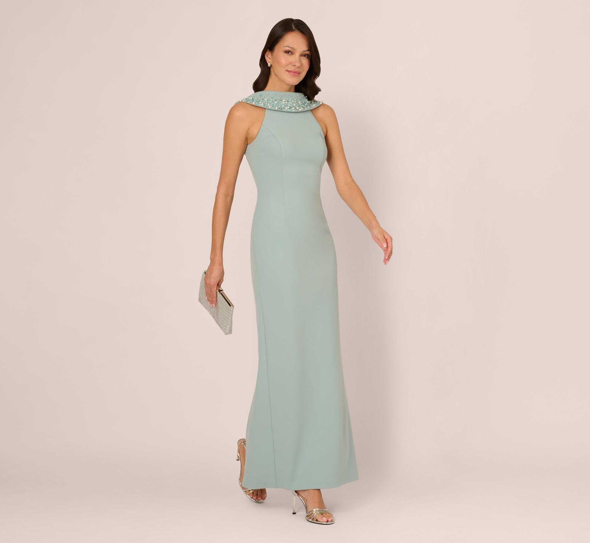 Beaded Roll Neck Column Gown In Aqua Dust