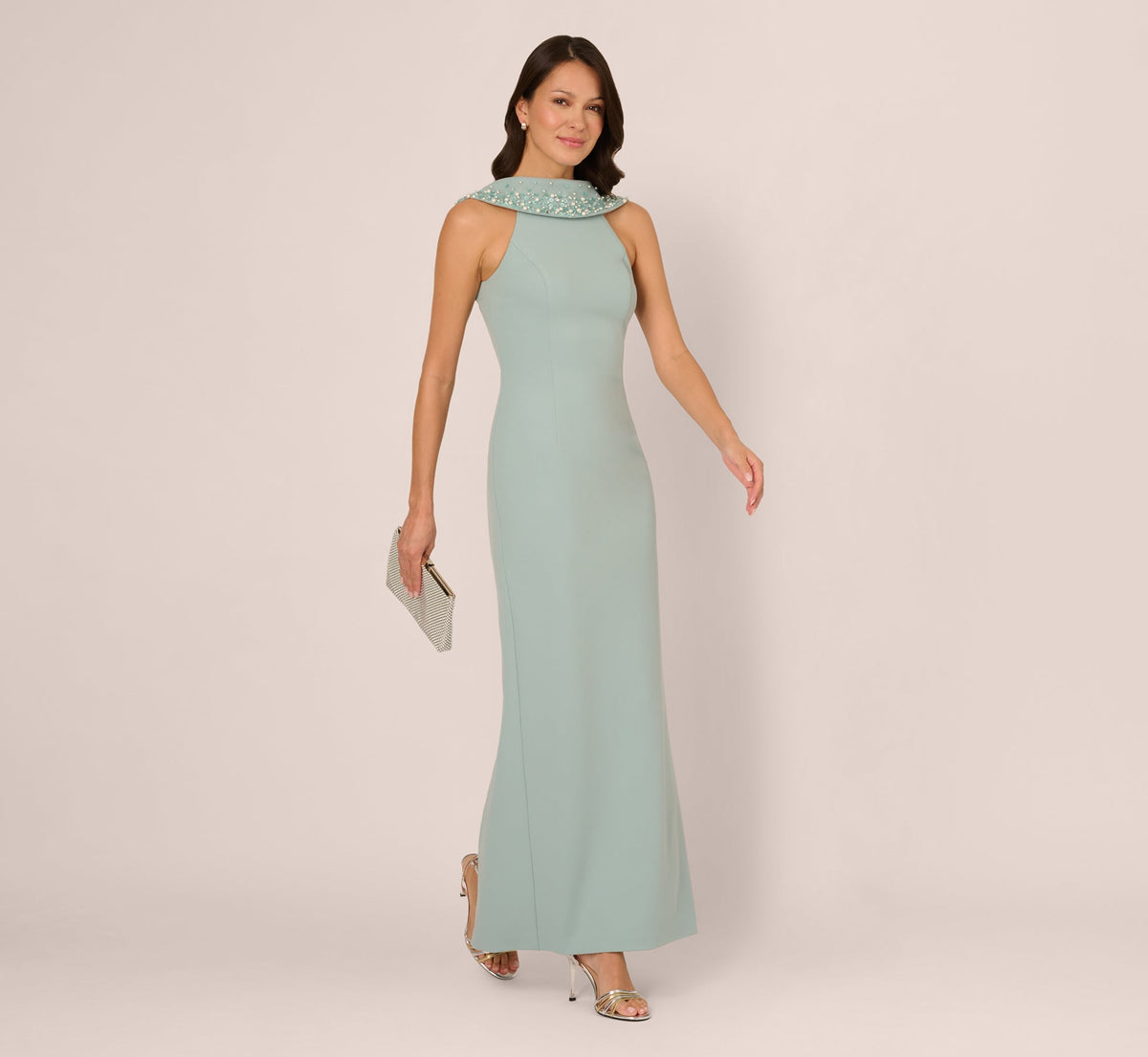 Beaded Roll Neck Column Gown In Aqua Dust