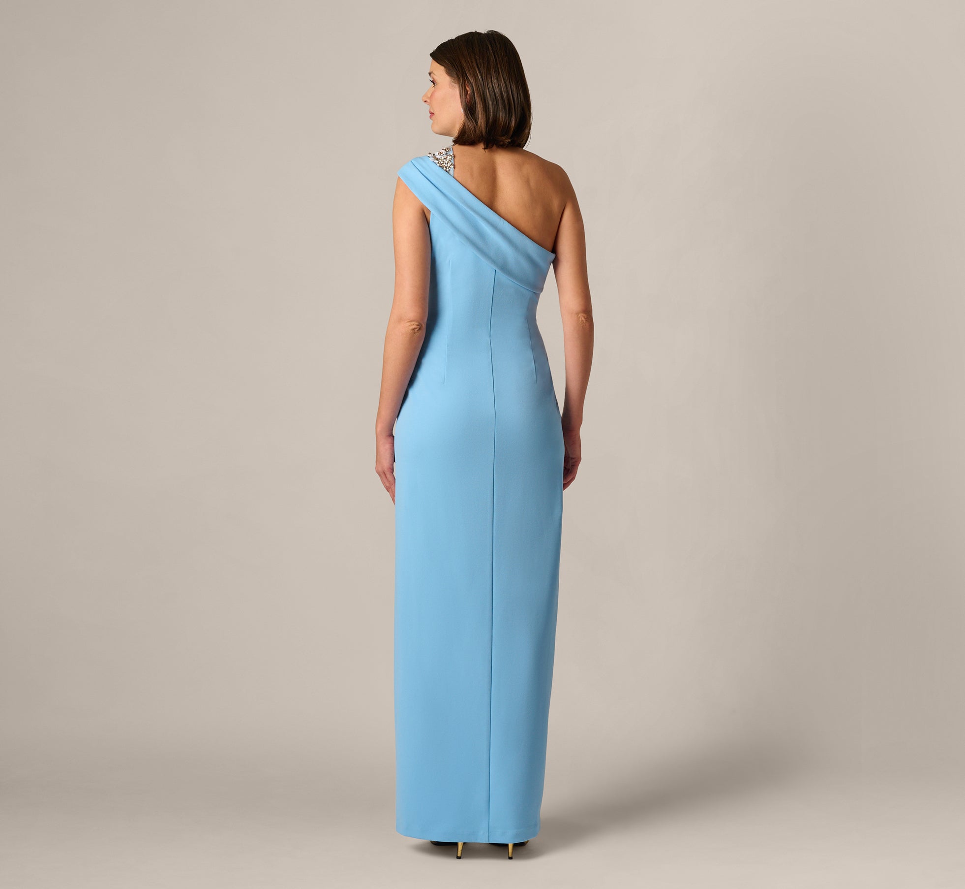 Beaded One Shoulder Stretch Column Gown In Waterfall