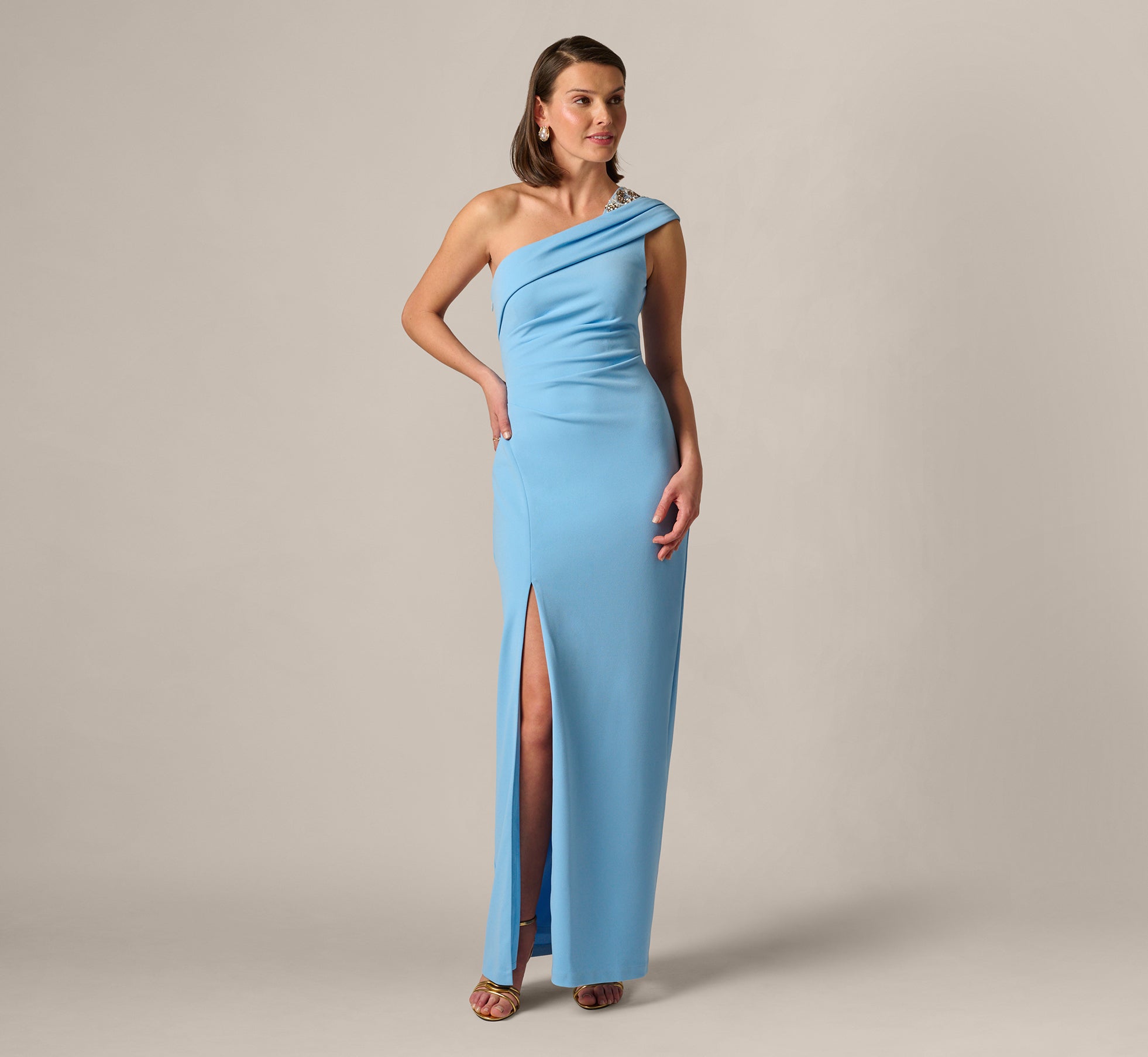 Beaded One Shoulder Stretch Column Gown In Waterfall