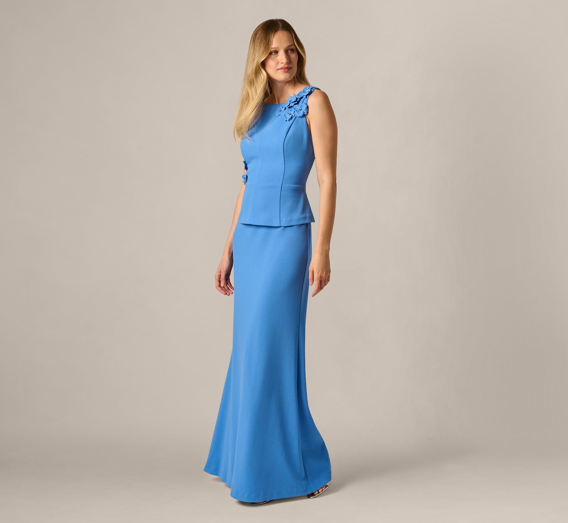 3D Floral Peplum Stretch Mermaid Gown In Cool Water