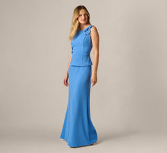 3D Floral Peplum Stretch Mermaid Gown In Cool Water