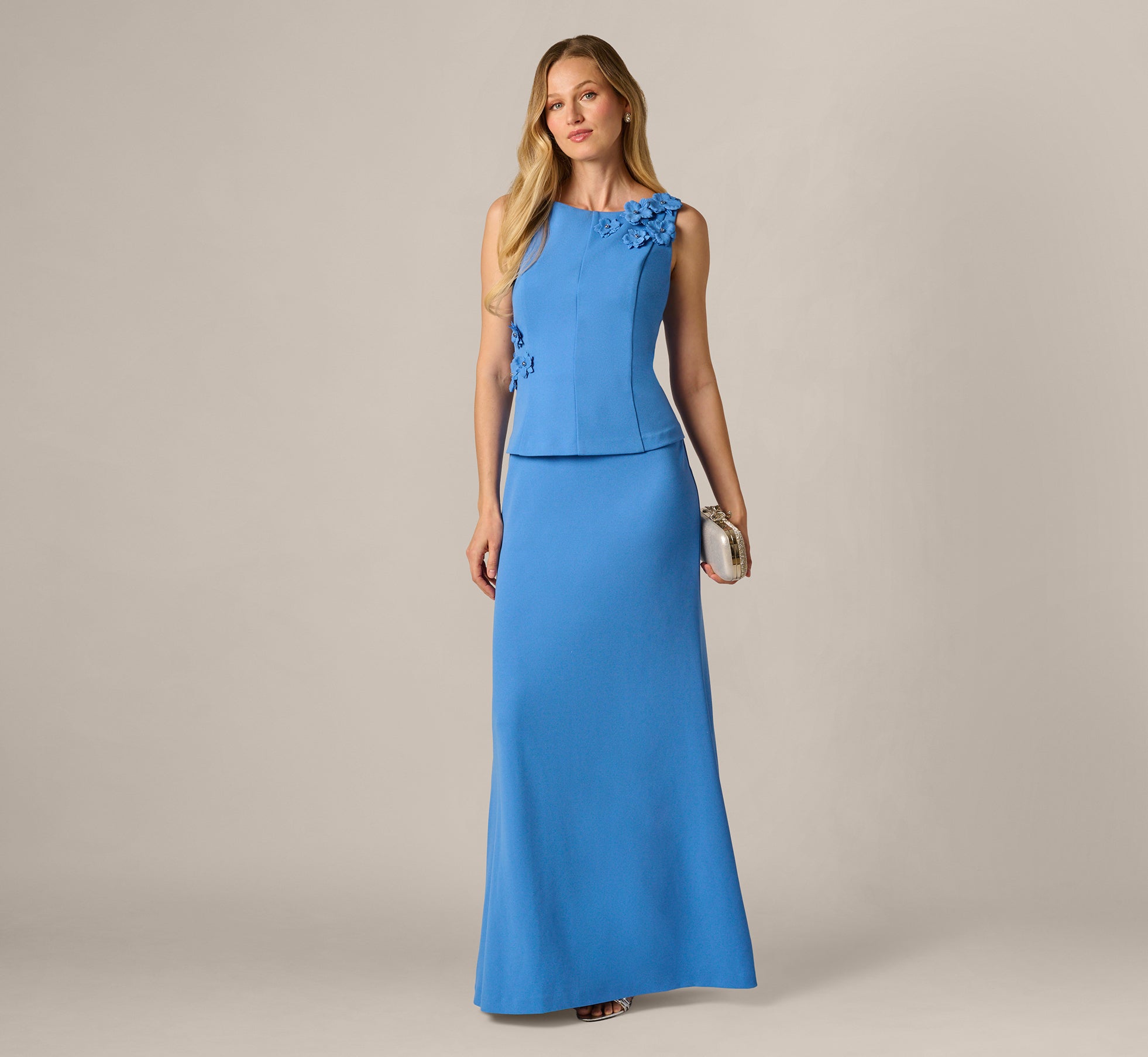 3D Floral Peplum Stretch Mermaid Gown In Cool Water