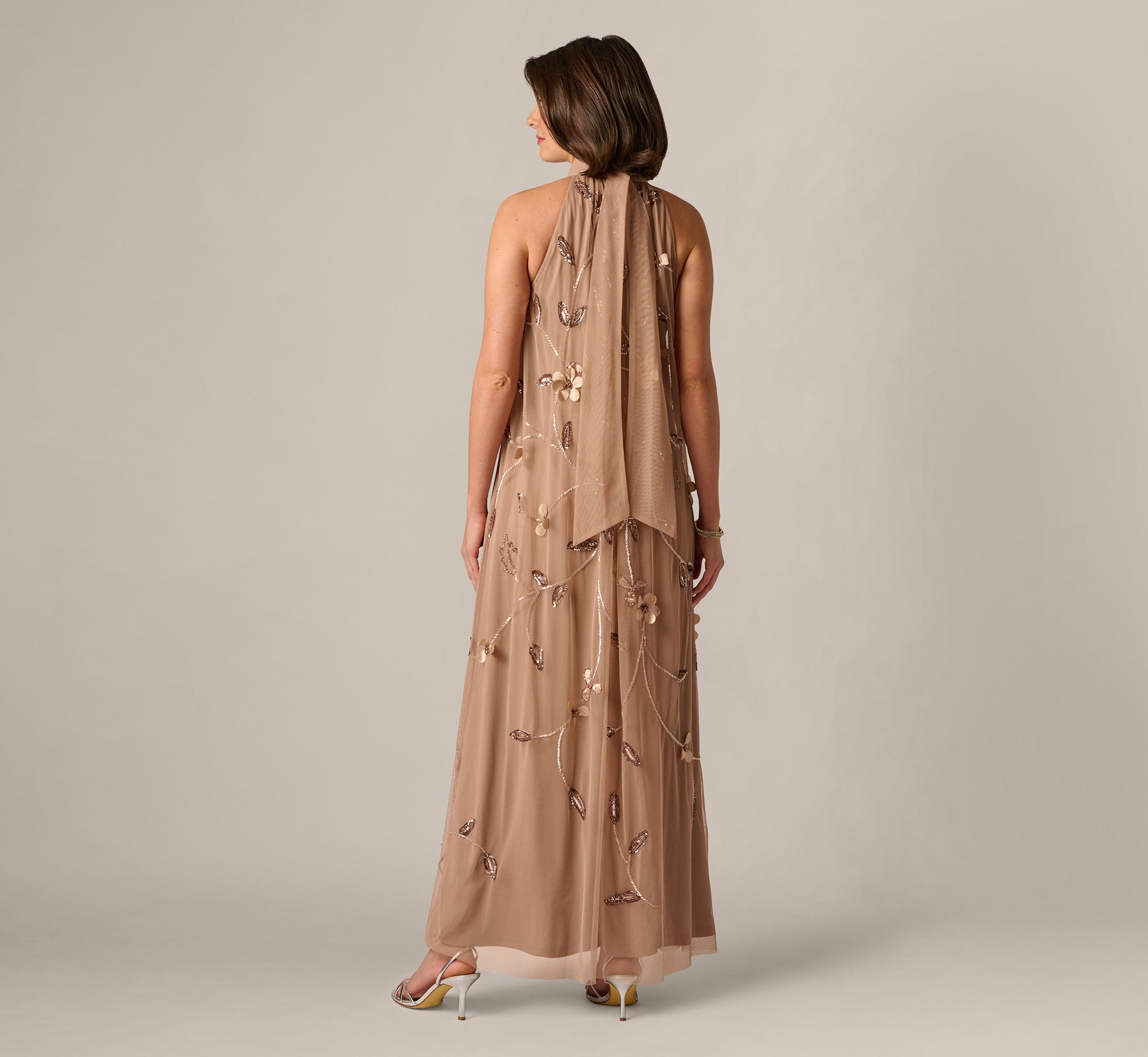 3D Floral Sequin Bead Trapeze Gown In Cafe Mocha
