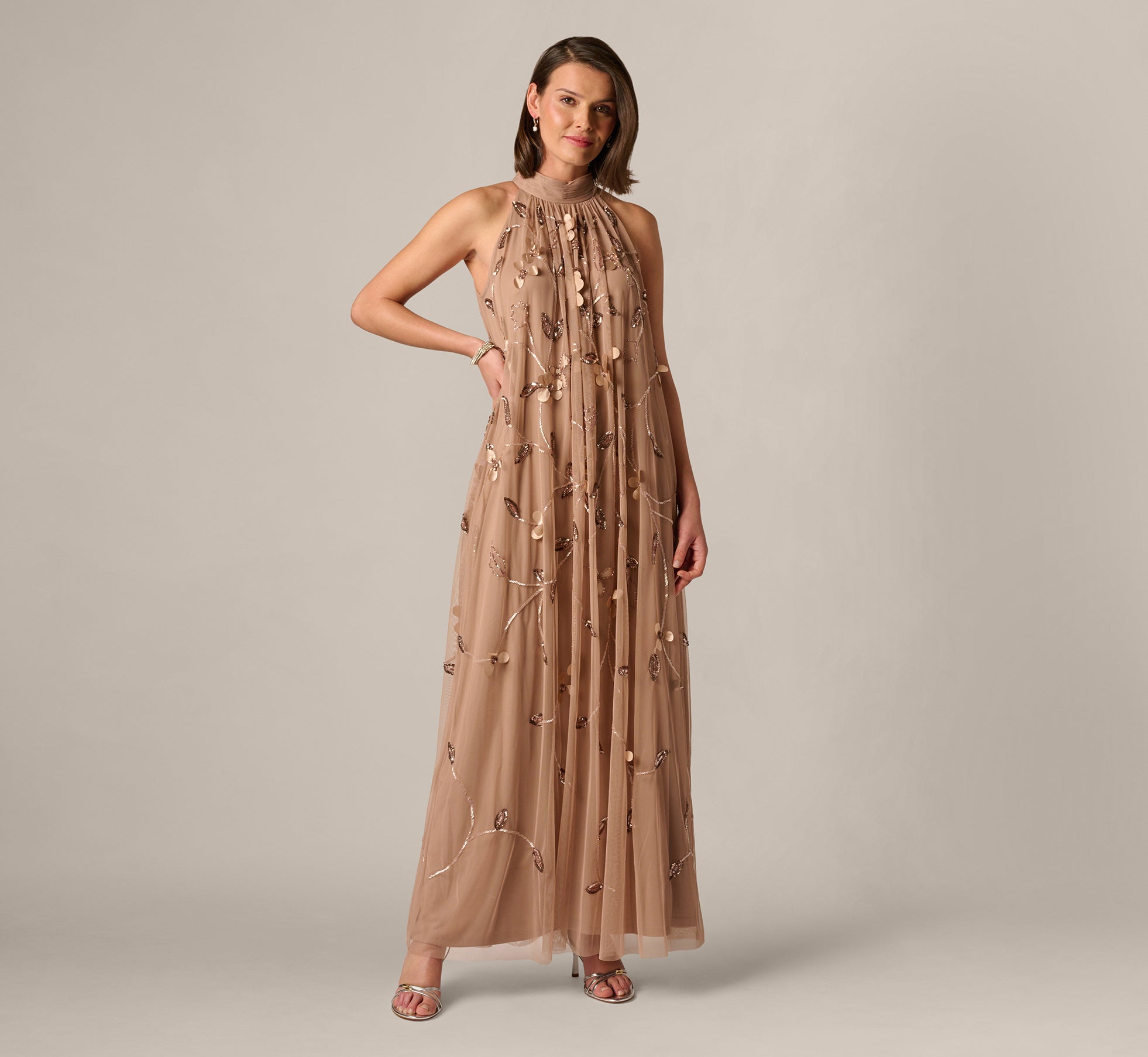 3D Floral Sequin Bead Trapeze Gown In Cafe Mocha