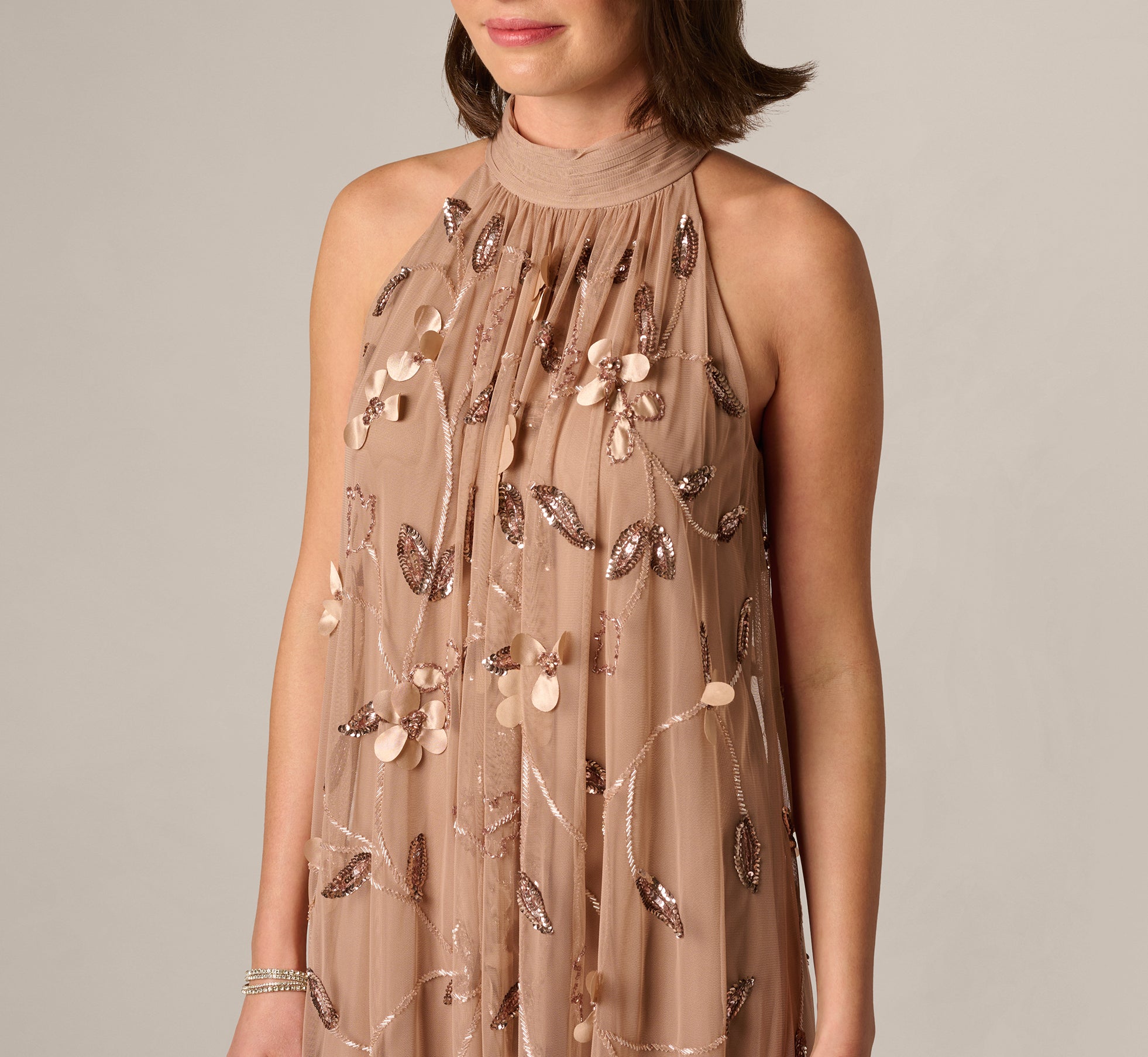 3D Floral Sequin Bead Trapeze Gown In Cafe Mocha