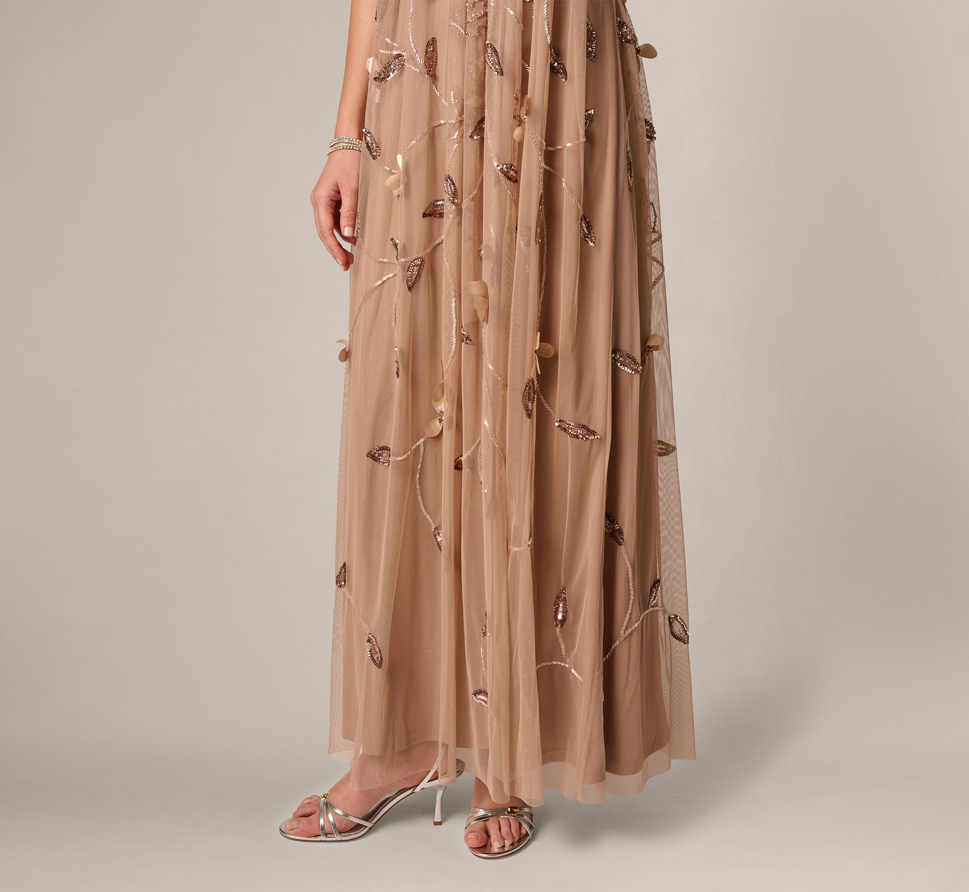 3D Floral Sequin Bead Trapeze Gown In Cafe Mocha