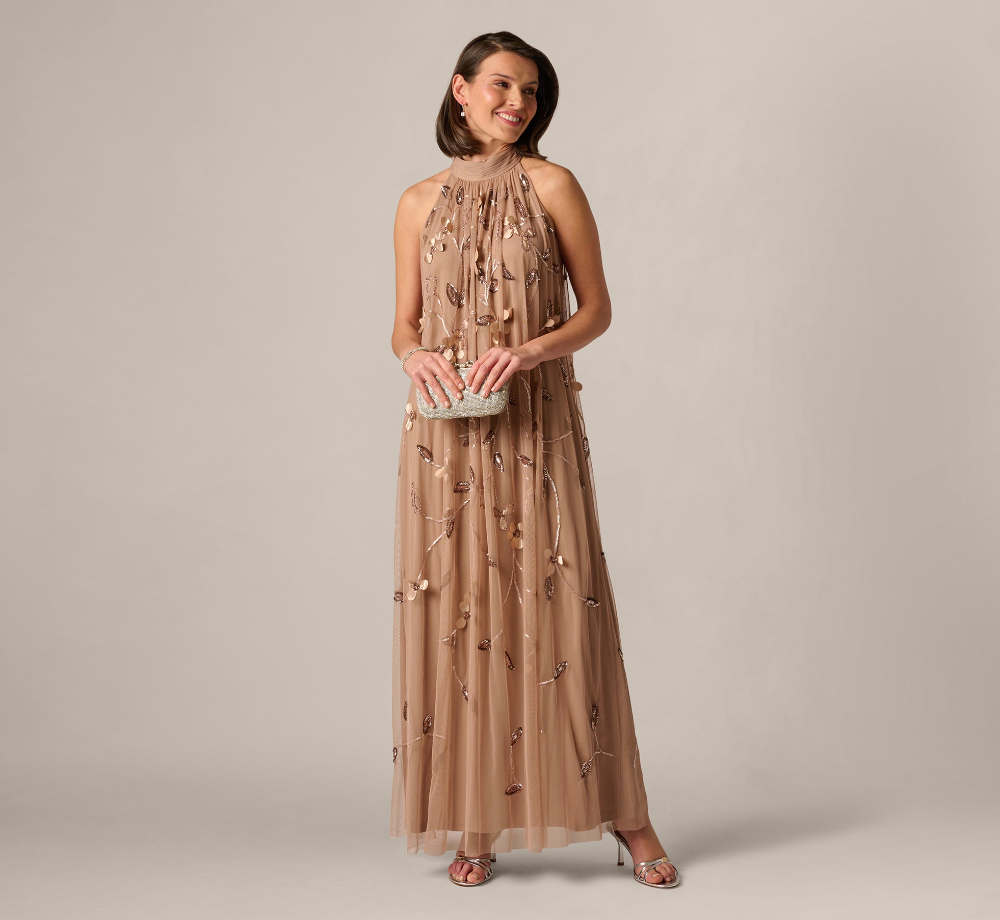 3D Floral Sequin Bead Trapeze Gown In Cafe Mocha