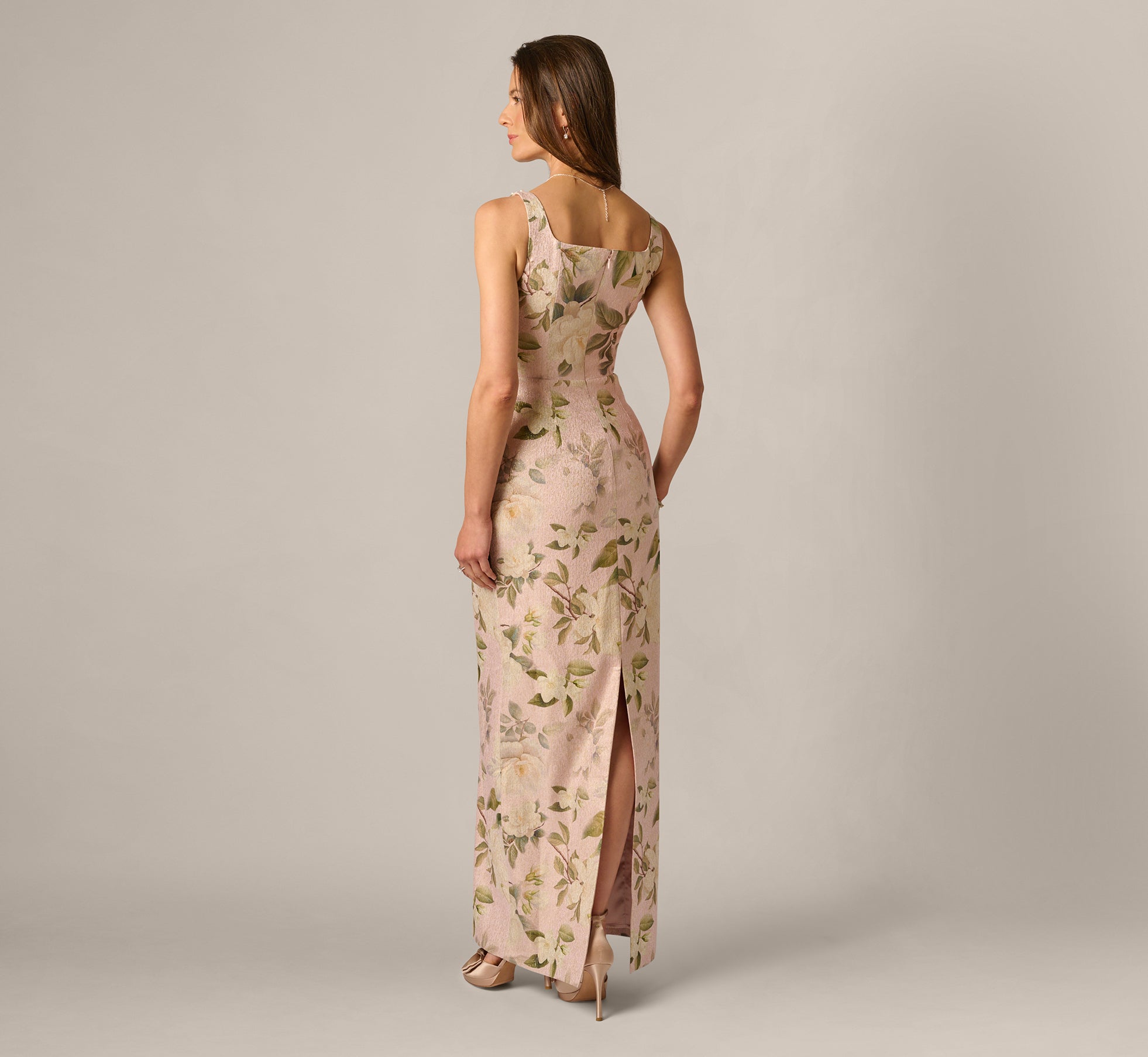 Beaded Square Neck Floral Jacquard Gown In Blush Multi