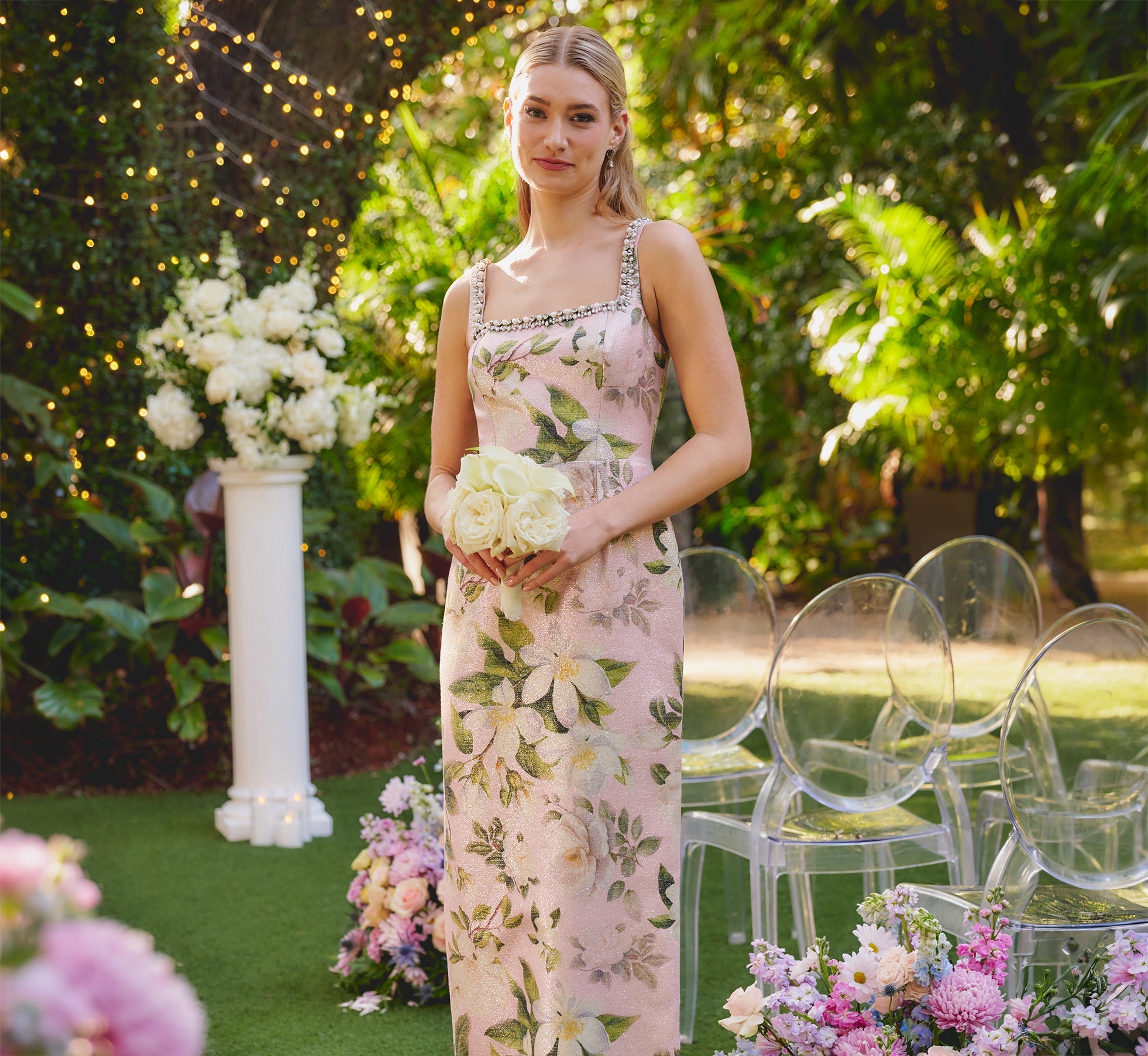 Beaded Square Neck Floral Jacquard Gown In Blush Multi