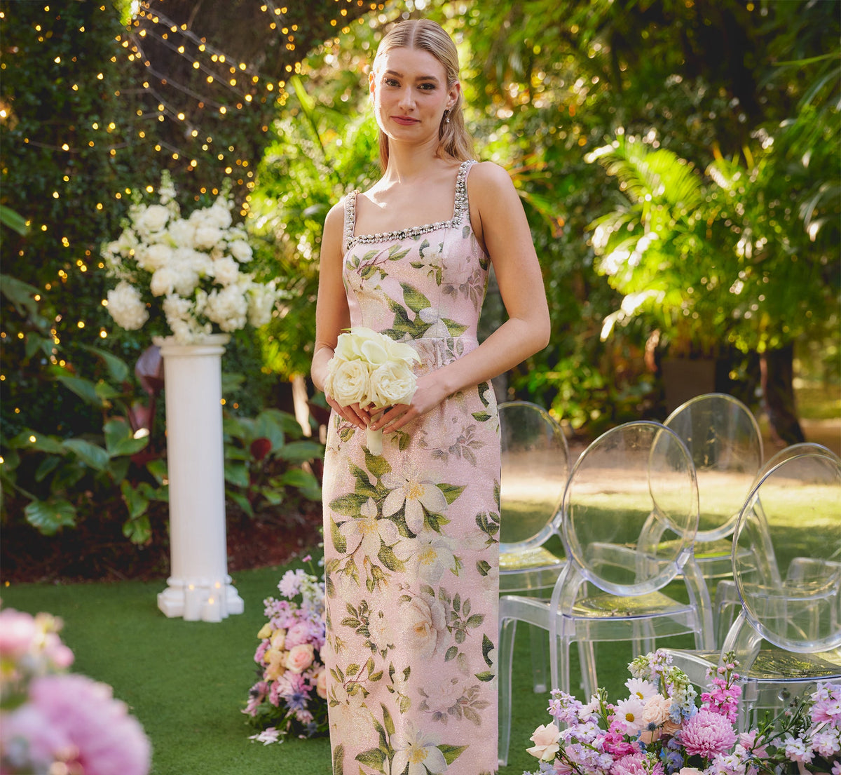 Beaded Square Neck Floral Jacquard Gown In Blush Multi