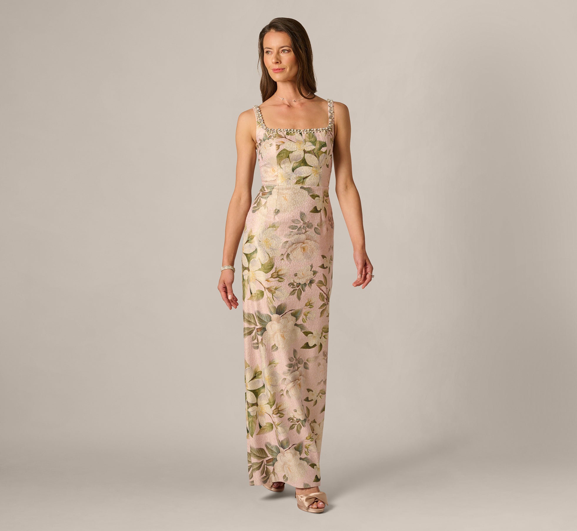 Beaded Square Neck Floral Jacquard Gown In Blush Multi