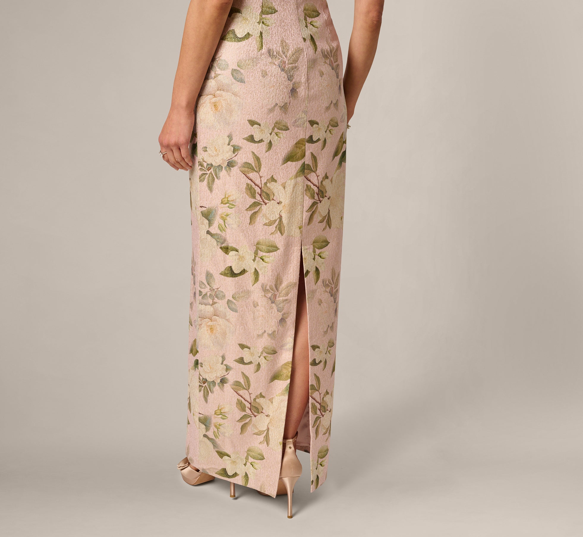 Beaded Square Neck Floral Jacquard Gown In Blush Multi