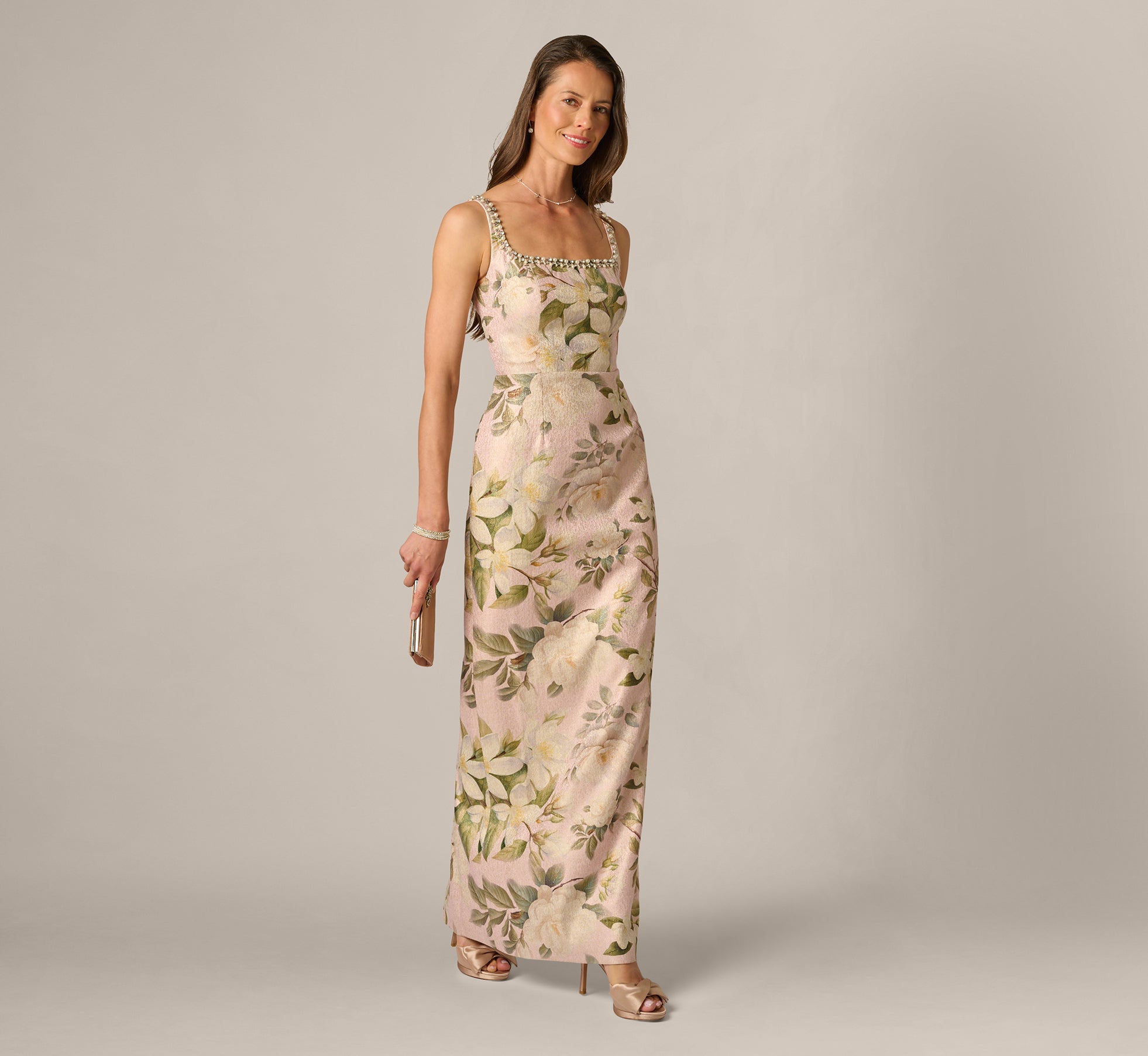 Beaded Square Neck Floral Jacquard Gown In Blush Multi