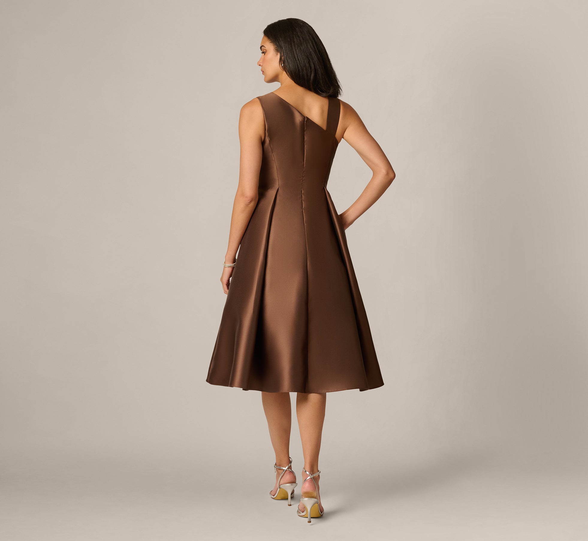 Asymmetrical Mikado Fit And Flare Midi Dress In Espresso