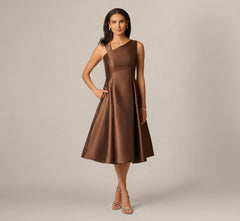 Asymmetrical Mikado Fit And Flare Midi Dress In Espresso