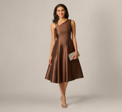 Asymmetrical Mikado Fit And Flare Midi Dress In Espresso