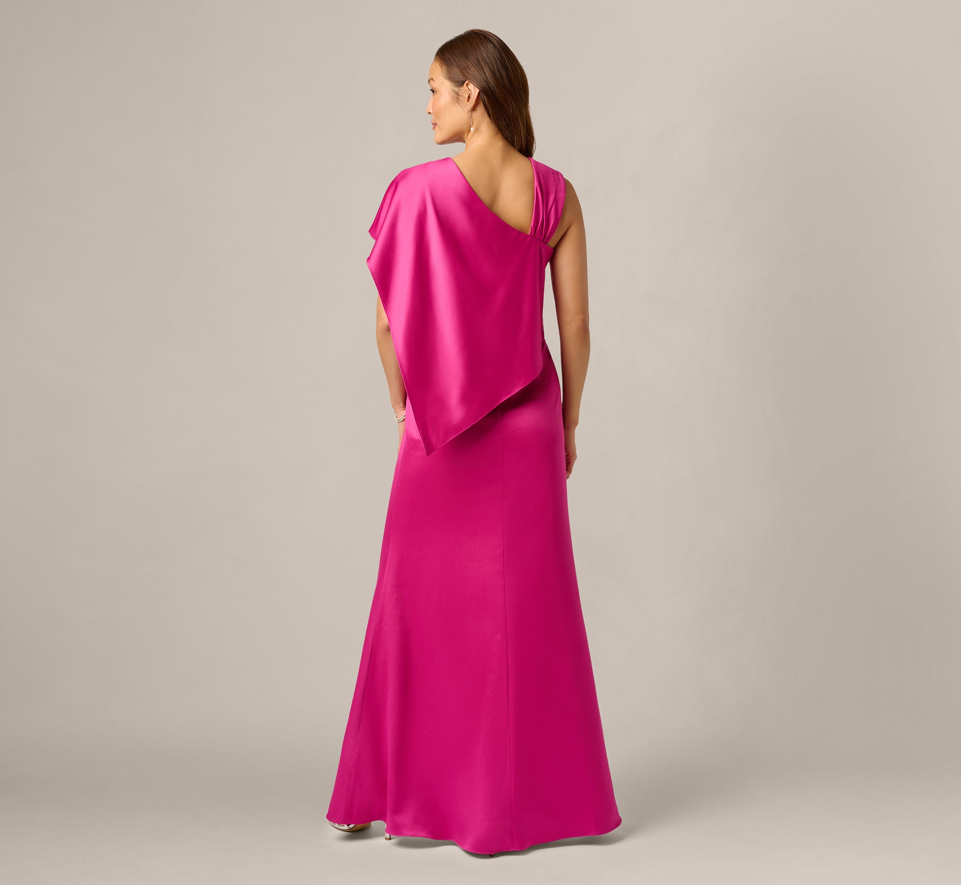 Asymmetrical Draped Satin Cape Gown In Berry Rose
