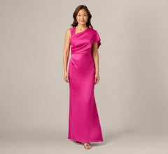 Asymmetrical Draped Satin Cape Gown In Berry Rose