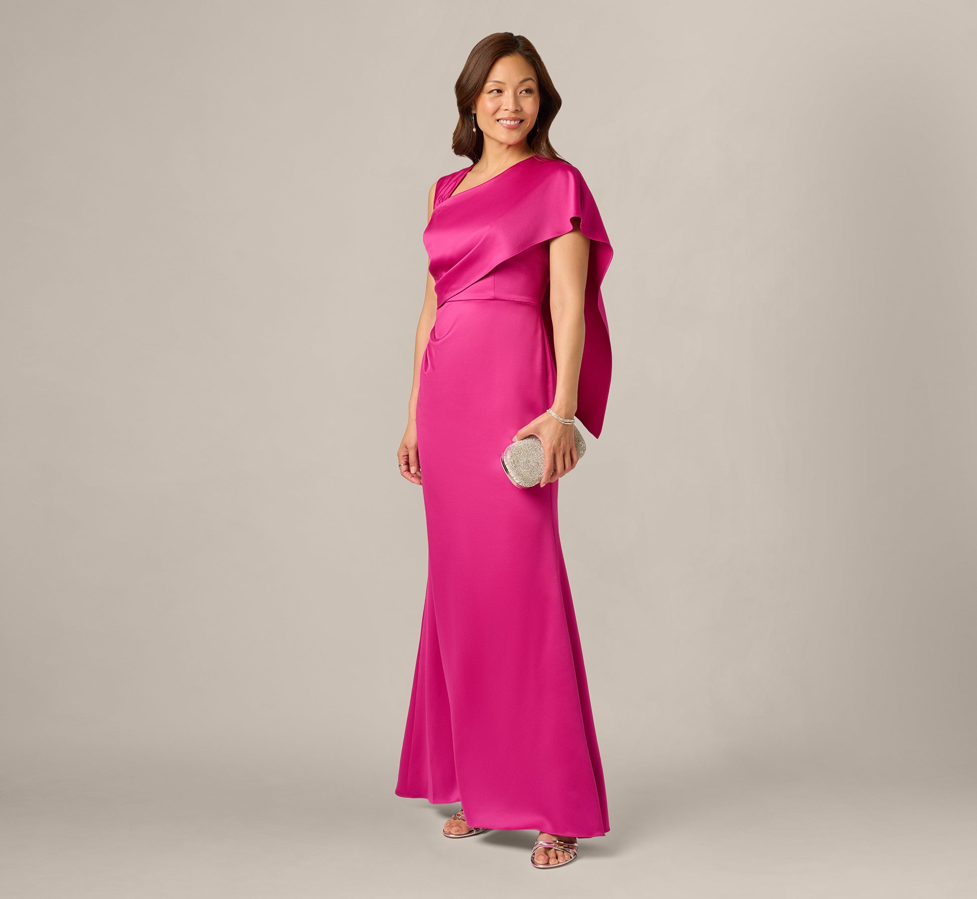 Asymmetrical Draped Satin Cape Gown In Berry Rose