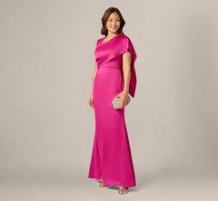 Asymmetrical Draped Satin Cape Gown In Berry Rose