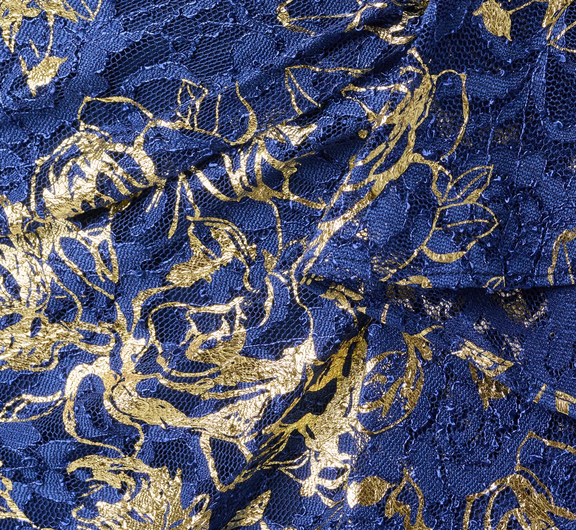 Asymmetrical Draped Stretch Metallic Lace Gown In Navy Gold