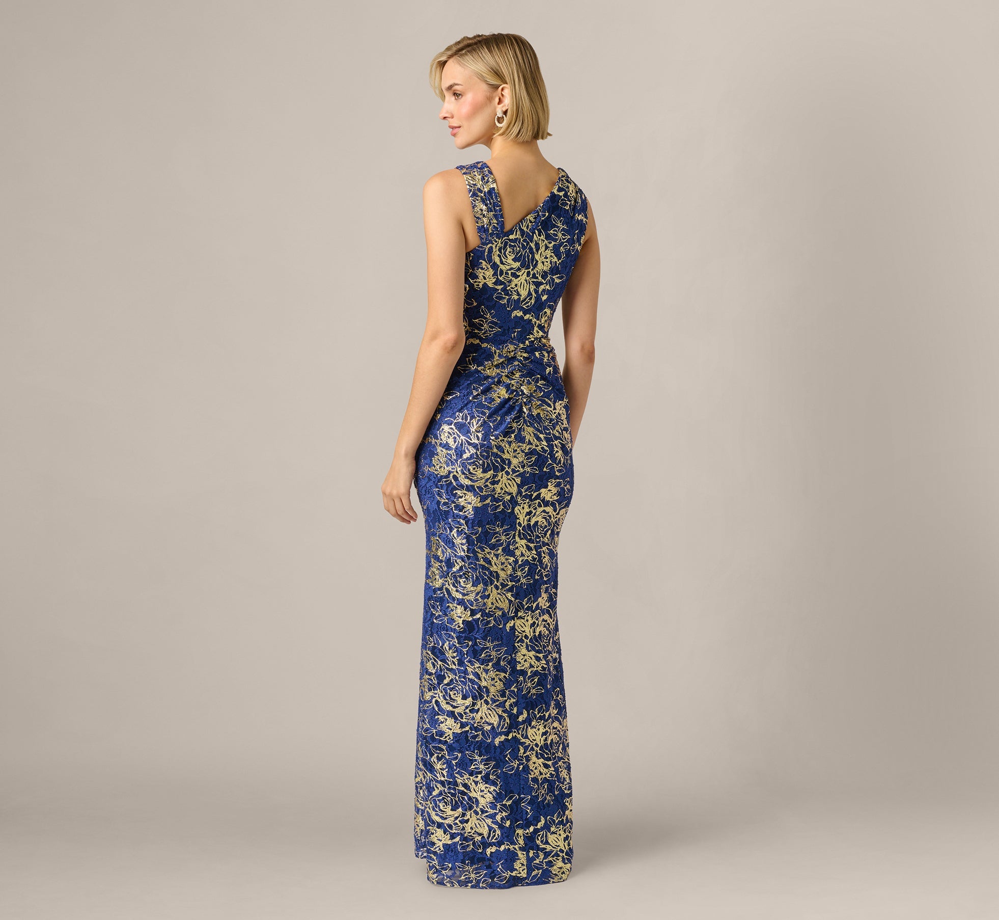 Asymmetrical Draped Stretch Metallic Lace Gown In Navy Gold