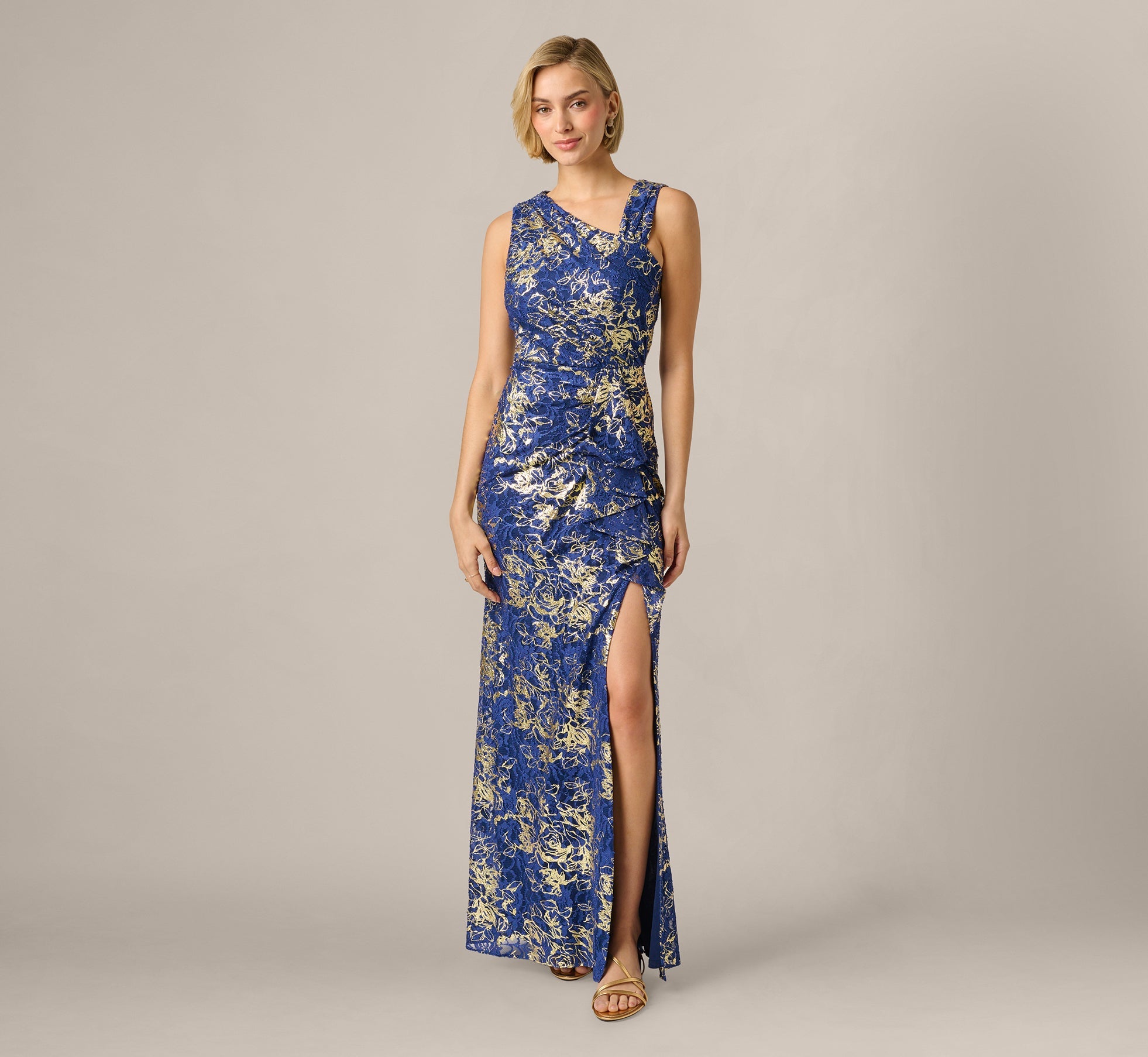 Asymmetrical Draped Stretch Metallic Lace Gown In Navy Gold