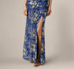 Asymmetrical Draped Stretch Metallic Lace Gown In Navy Gold