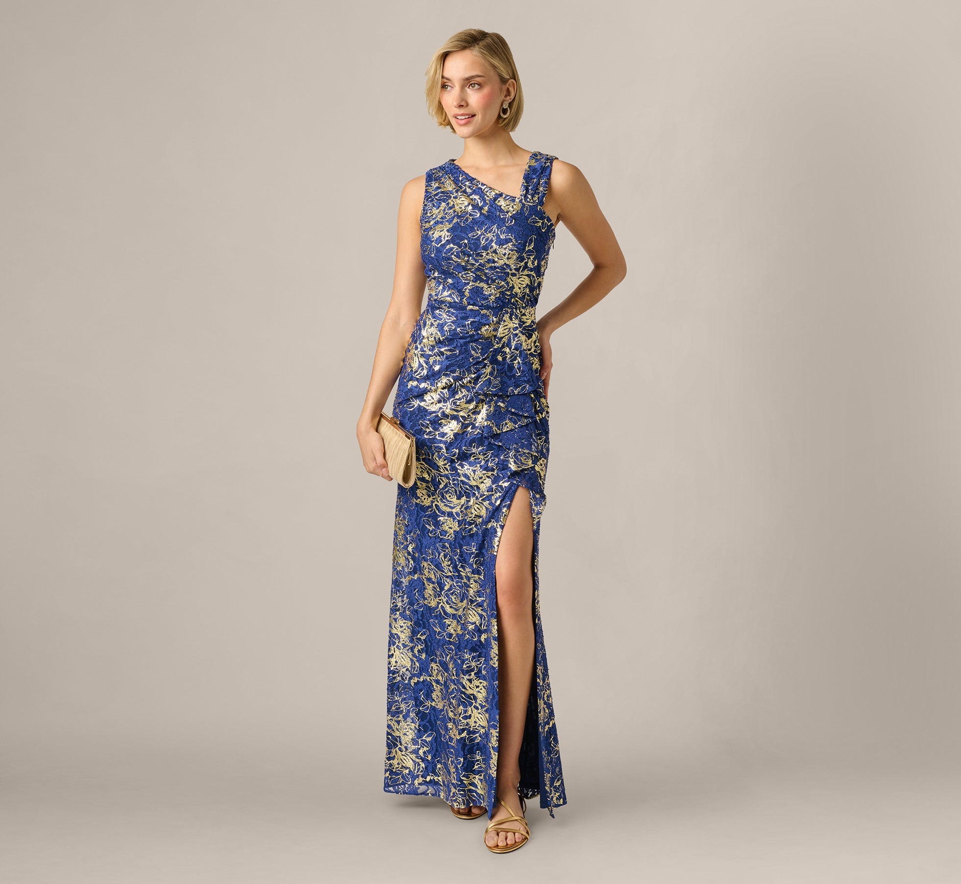Asymmetrical Draped Stretch Metallic Lace Gown In Navy Gold