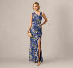 Asymmetrical Draped Stretch Metallic Lace Gown In Navy Gold