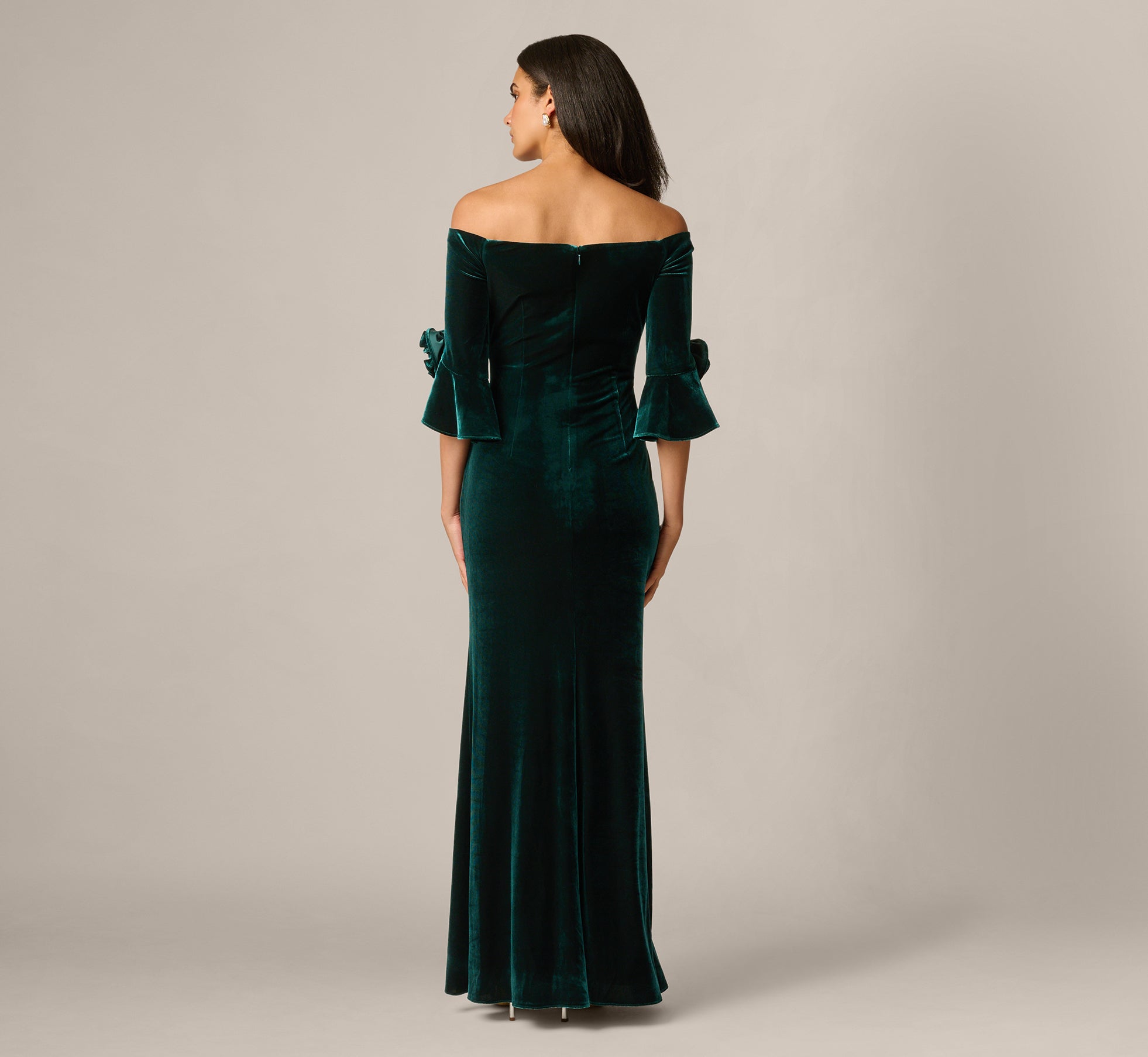 Bell Sleeve Off Shoulder Stretch Velvet Rosette Gown In Hunter