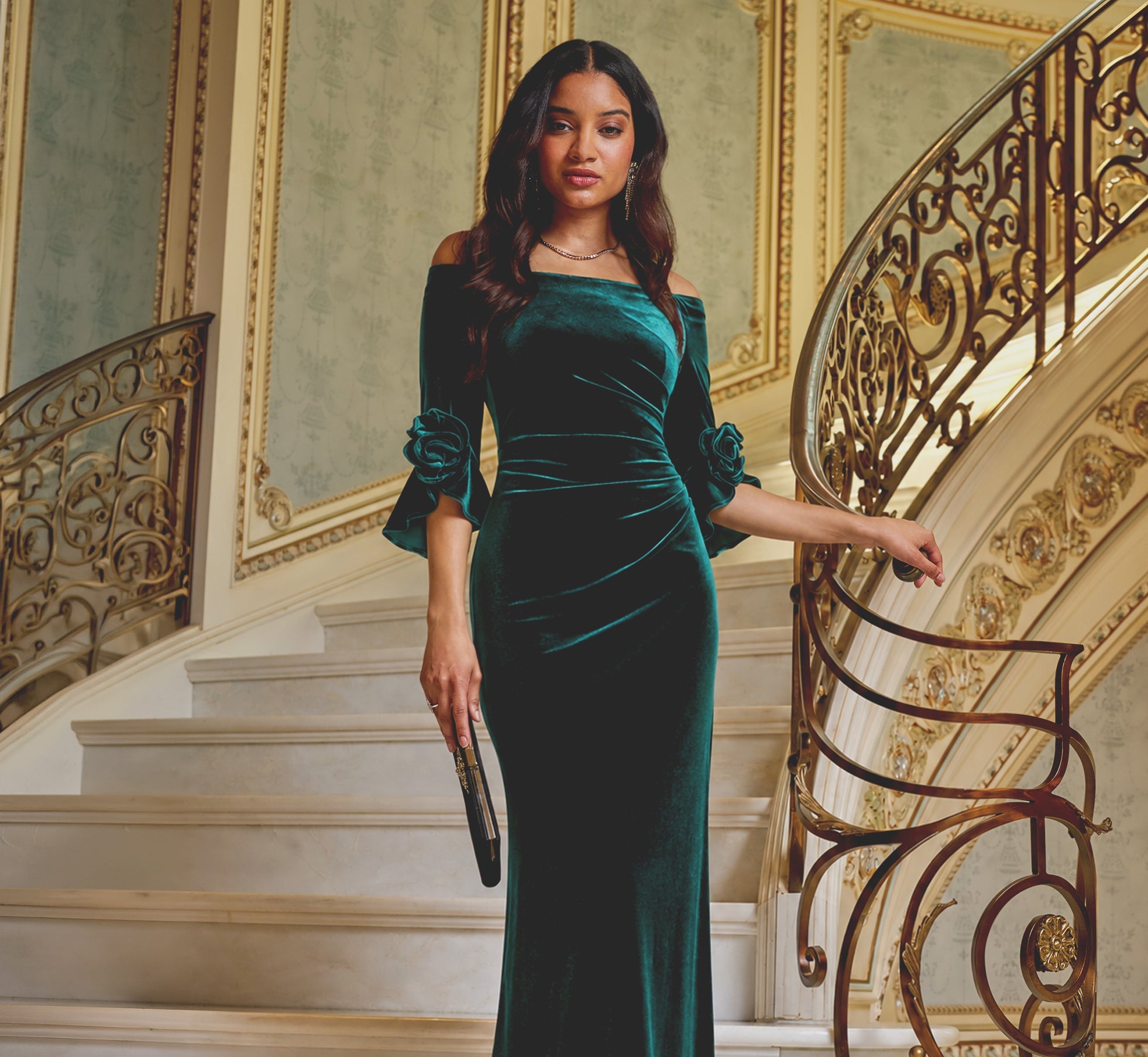 Bell Sleeve Off Shoulder Stretch Velvet Rosette Gown In Hunter